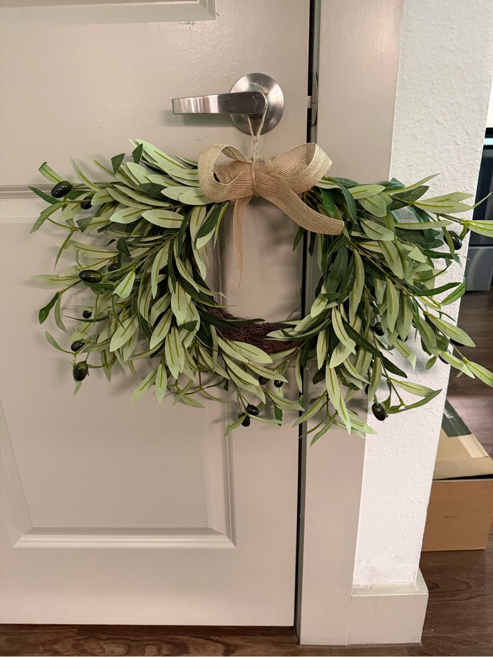 NEW 9” Faux Olive Branch Grapevine Wreath Burlap Bow
